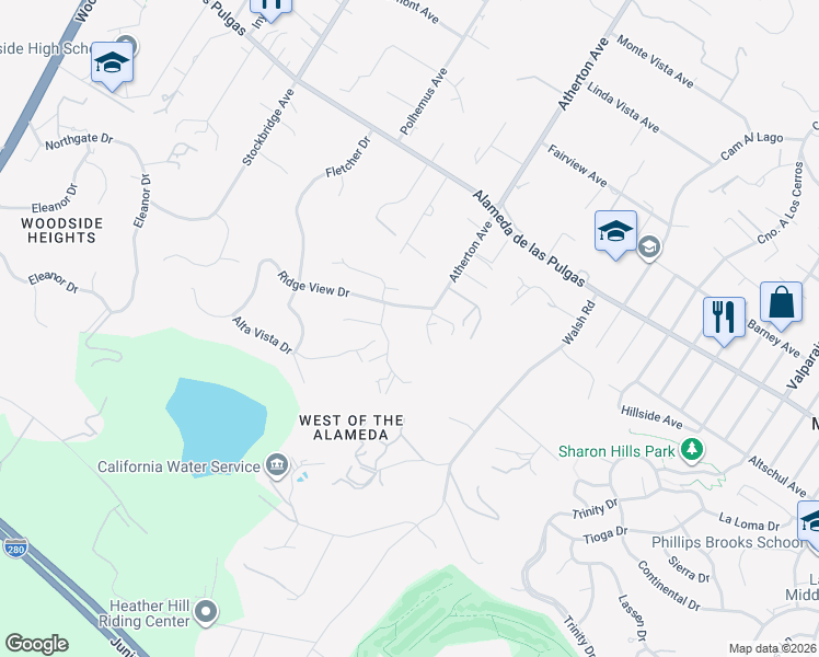 map of restaurants, bars, coffee shops, grocery stores, and more near 97 Sutherland Drive in Atherton