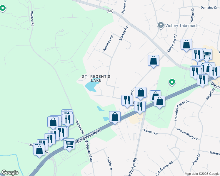map of restaurants, bars, coffee shops, grocery stores, and more near 3700 Winterhaven Road in Midlothian