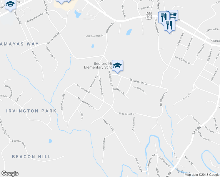 map of restaurants, bars, coffee shops, grocery stores, and more near 2023 Indian Hill Road in Lynchburg