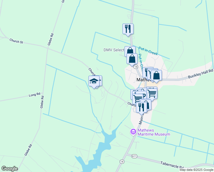 map of restaurants, bars, coffee shops, grocery stores, and more near 348-386 Church Street in Mathews