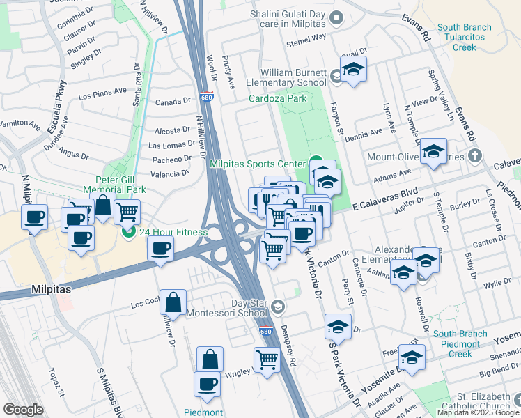 map of restaurants, bars, coffee shops, grocery stores, and more near 10431 North De Anza Boulevard in Cupertino
