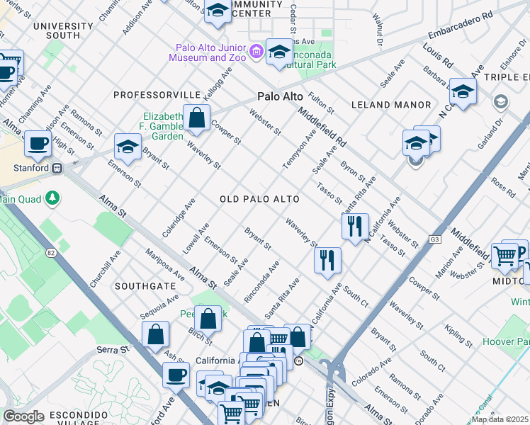 map of restaurants, bars, coffee shops, grocery stores, and more near 1826 Waverley Street in Palo Alto