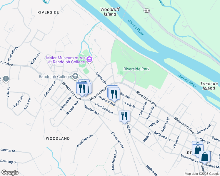 map of restaurants, bars, coffee shops, grocery stores, and more near 2303 Rivermont Avenue in Lynchburg