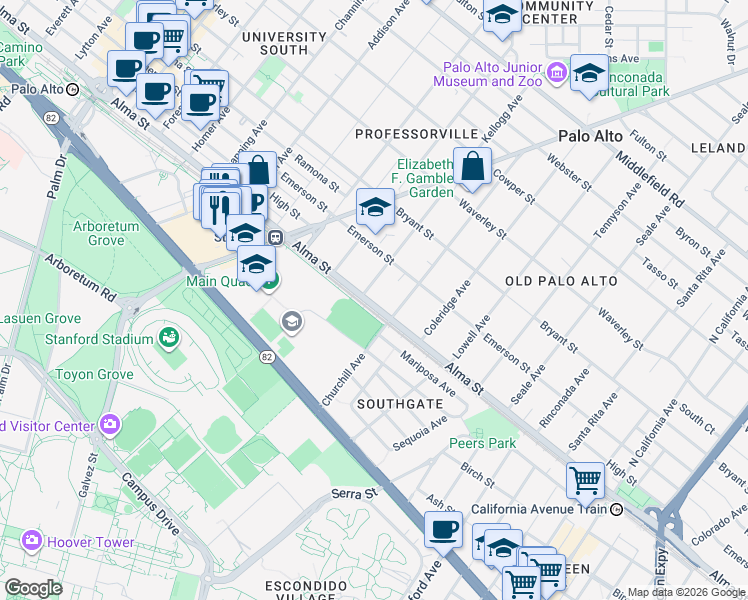 map of restaurants, bars, coffee shops, grocery stores, and more near 131 Kellogg Avenue in Palo Alto