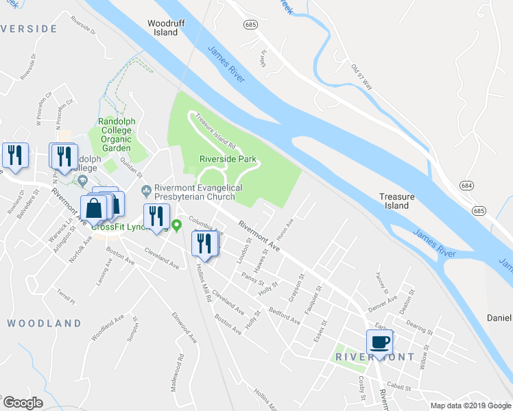 map of restaurants, bars, coffee shops, grocery stores, and more near 2108 Macleod Street in Lynchburg
