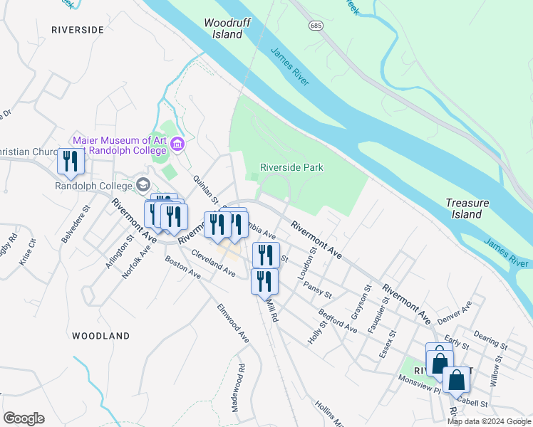 map of restaurants, bars, coffee shops, grocery stores, and more near 2210 Rivermont Avenue in Lynchburg