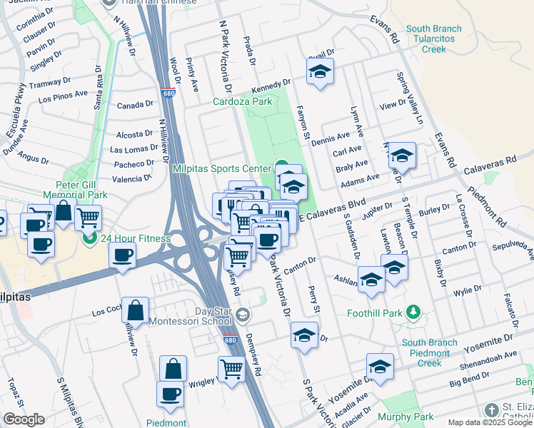 map of restaurants, bars, coffee shops, grocery stores, and more near 100 North Park Victoria Drive in Milpitas