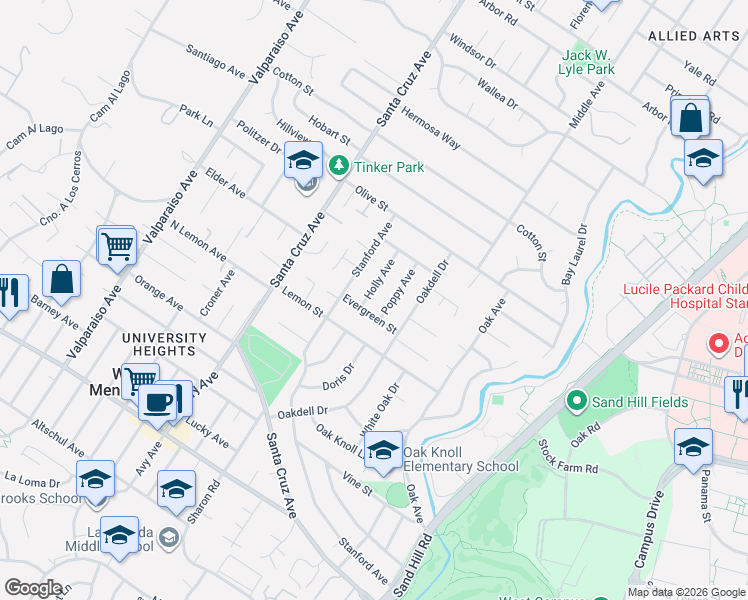 map of restaurants, bars, coffee shops, grocery stores, and more near 1785 Holly Avenue in Menlo Park