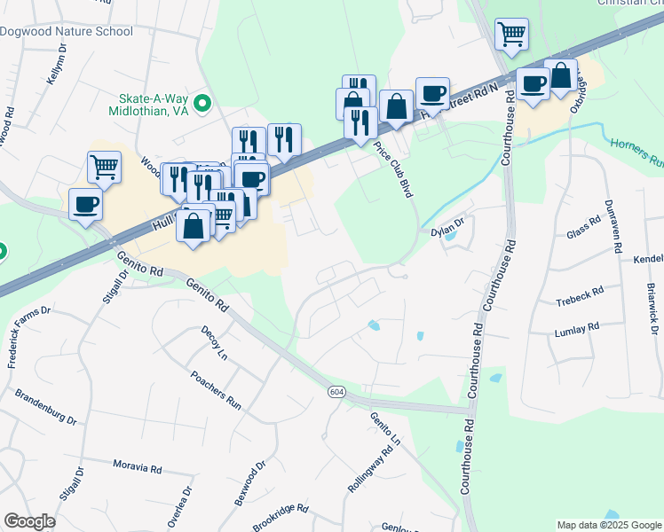 map of restaurants, bars, coffee shops, grocery stores, and more near 4047 Hailey Crescent Drive in Midlothian