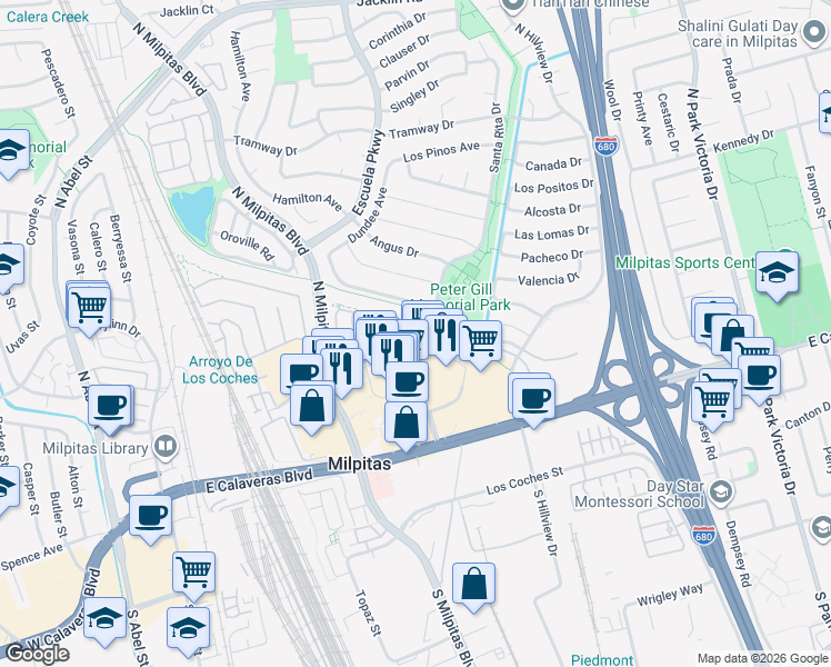 map of restaurants, bars, coffee shops, grocery stores, and more near 577 Paseo Refugio in Milpitas