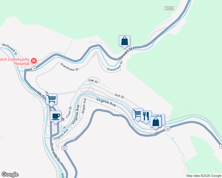 map of restaurants, bars, coffee shops, grocery stores, and more near 124 Oak St in Welch