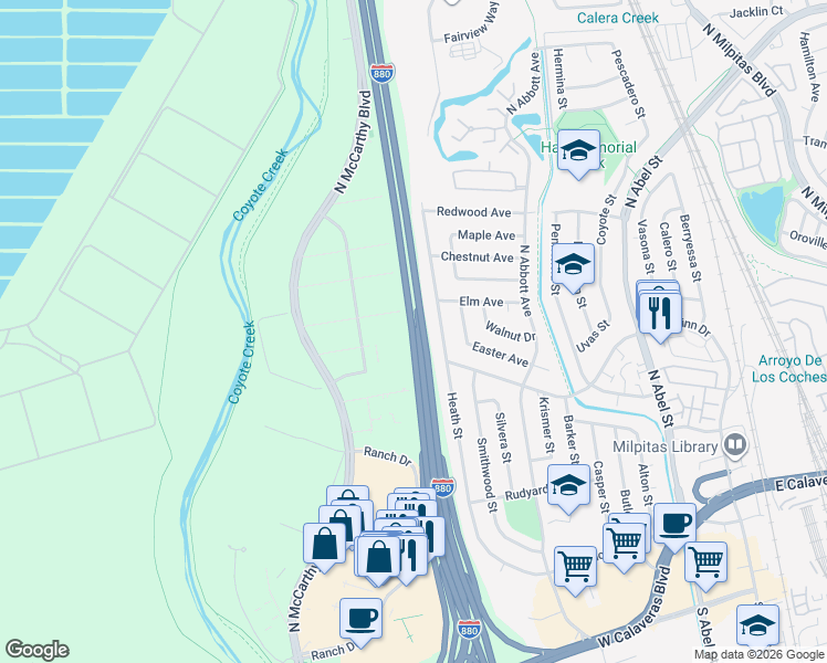 map of restaurants, bars, coffee shops, grocery stores, and more near Nimitz Freeway in Milpitas