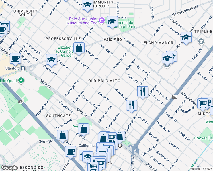 map of restaurants, bars, coffee shops, grocery stores, and more near 1826 Waverley Street in Palo Alto