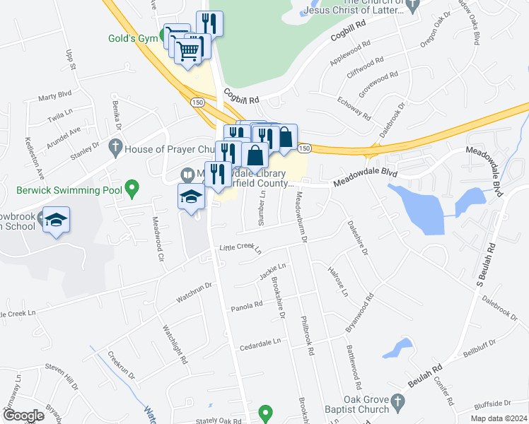 map of restaurants, bars, coffee shops, grocery stores, and more near 6001 Slumber Lane in Richmond