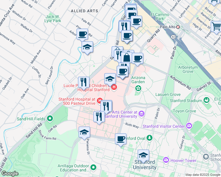 map of restaurants, bars, coffee shops, grocery stores, and more near 725 Welch Road in Palo Alto