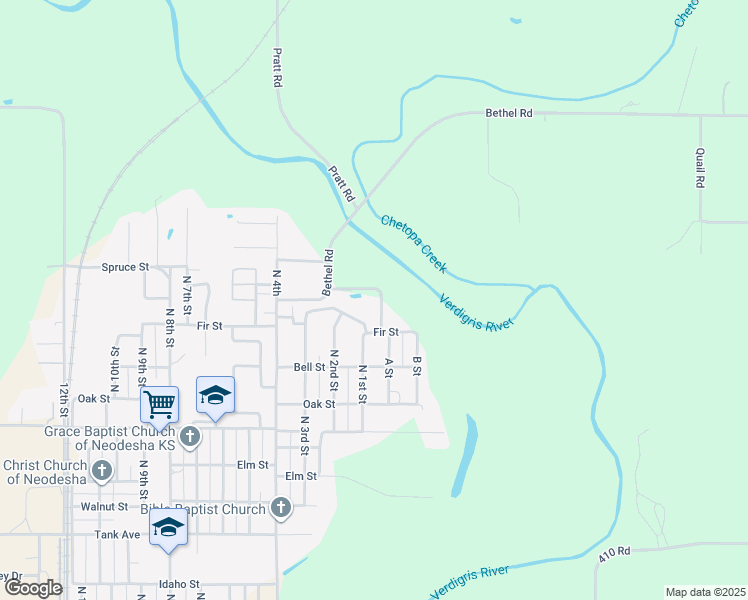 map of restaurants, bars, coffee shops, grocery stores, and more near Spruce Street in Neodesha