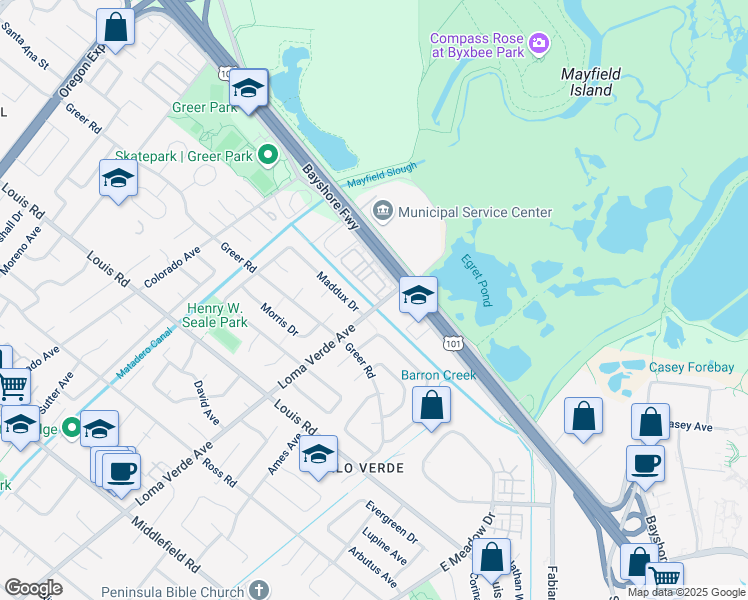 map of restaurants, bars, coffee shops, grocery stores, and more near 1156 Donner Lane in Palo Alto