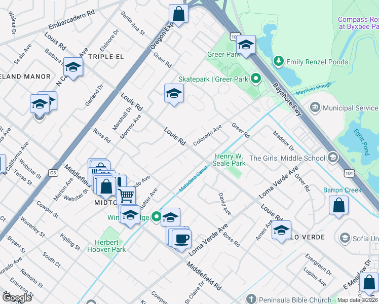map of restaurants, bars, coffee shops, grocery stores, and more near in Palo Alto