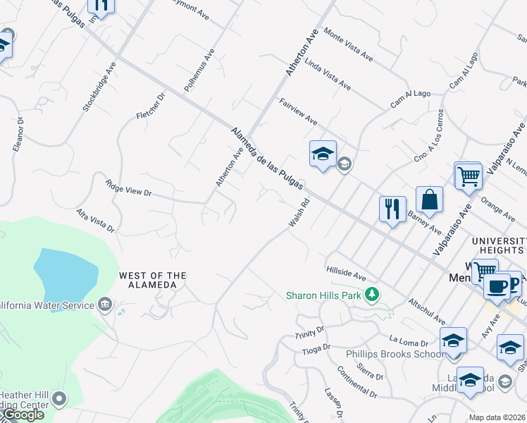 map of restaurants, bars, coffee shops, grocery stores, and more near 77 Broadacres Road in Atherton