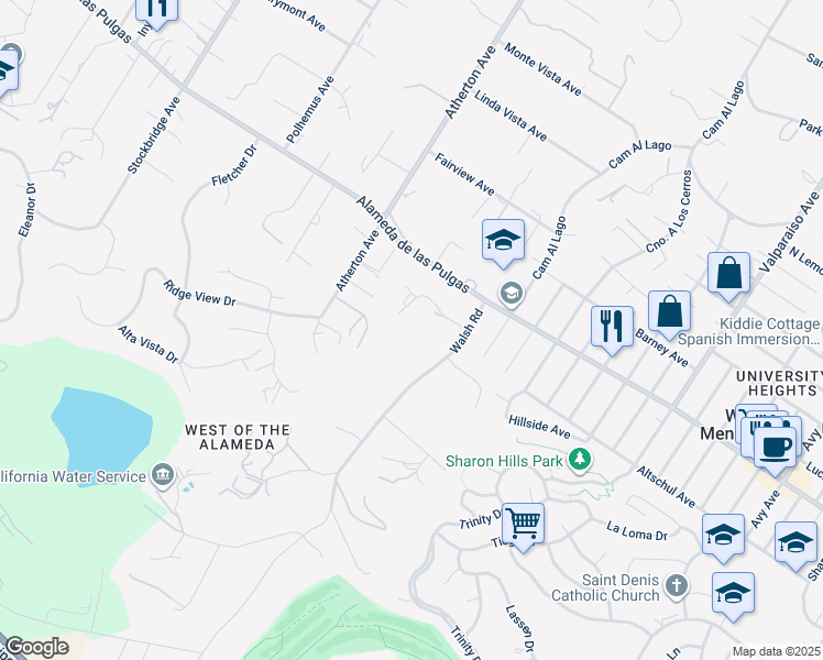 map of restaurants, bars, coffee shops, grocery stores, and more near 93 Broadacres Road in Atherton