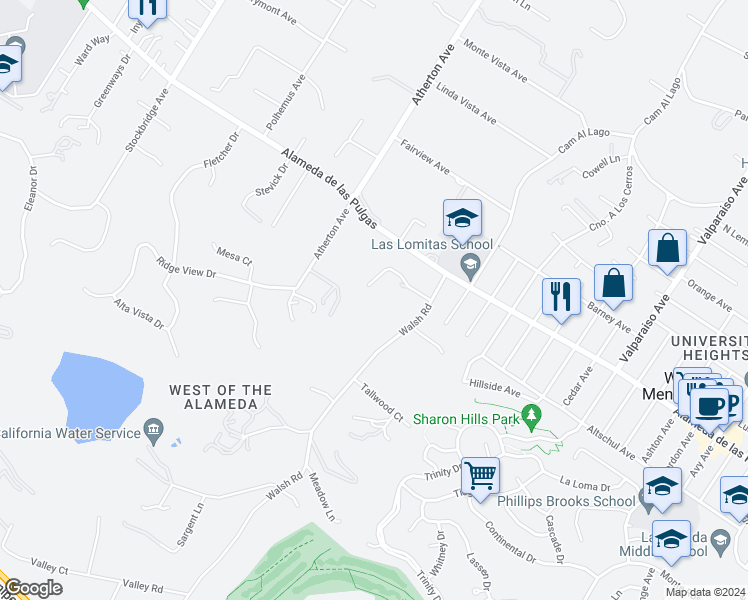 map of restaurants, bars, coffee shops, grocery stores, and more near 93 Broadacres Road in Atherton