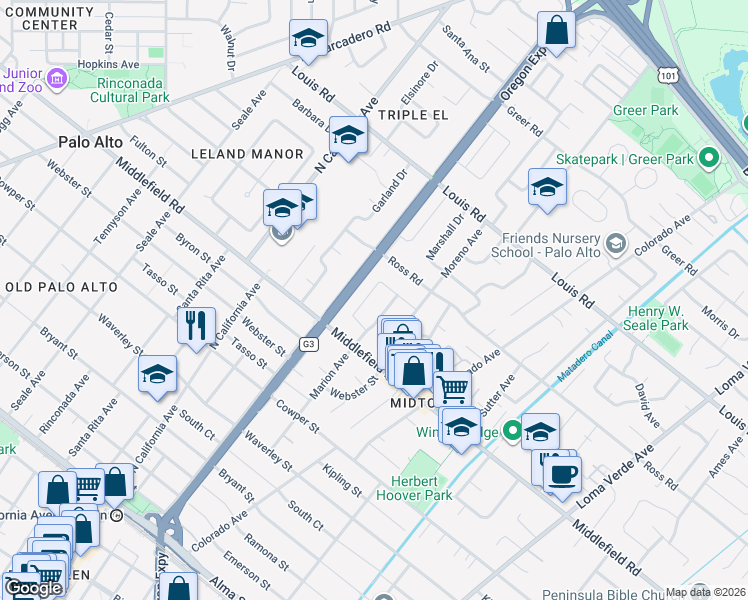 map of restaurants, bars, coffee shops, grocery stores, and more near 732 Coastland Drive in Palo Alto