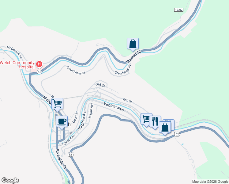 map of restaurants, bars, coffee shops, grocery stores, and more near 122-124 Oak St in Welch