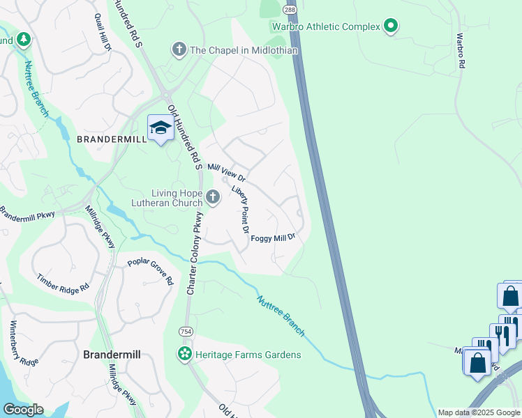 map of restaurants, bars, coffee shops, grocery stores, and more near 3806 Mill Manor Drive in Midlothian