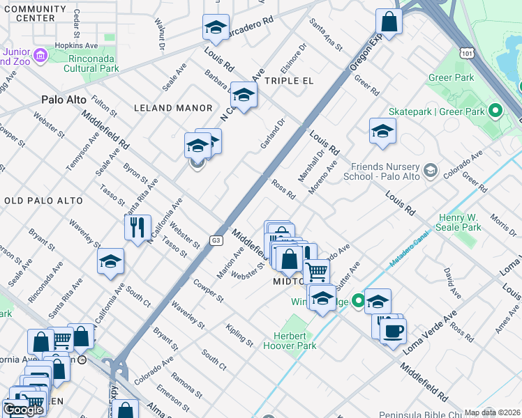 map of restaurants, bars, coffee shops, grocery stores, and more near 732 Coastland Drive in Palo Alto