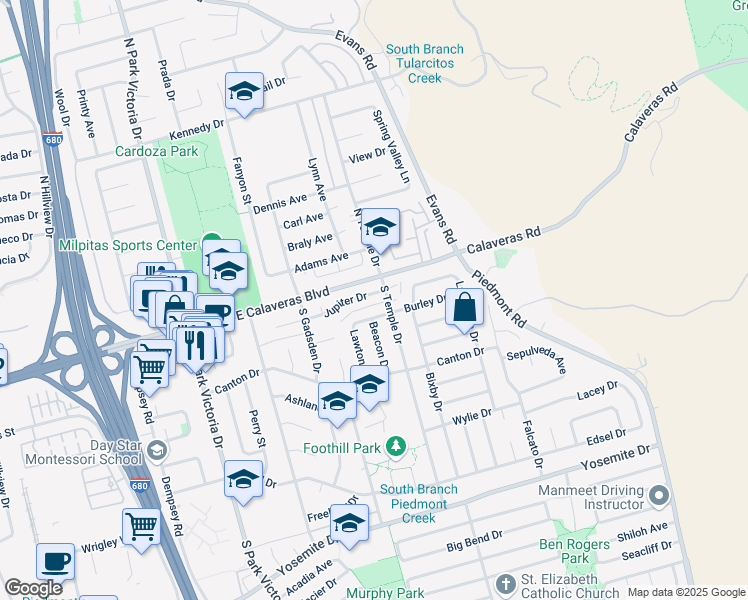 map of restaurants, bars, coffee shops, grocery stores, and more near in Milpitas