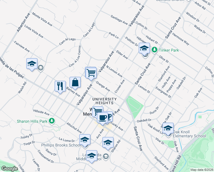 map of restaurants, bars, coffee shops, grocery stores, and more near 1308 American Way in Menlo Park