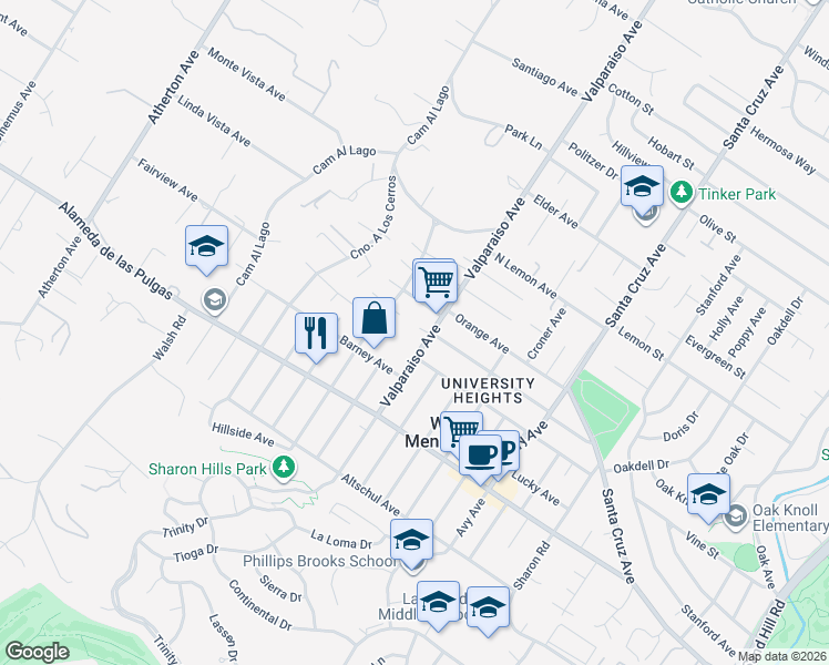 map of restaurants, bars, coffee shops, grocery stores, and more near 9 Arbol Grande Court in Menlo Park
