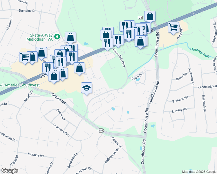 map of restaurants, bars, coffee shops, grocery stores, and more near 4006 Hailey Crescent Drive in Midlothian