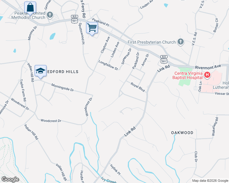 map of restaurants, bars, coffee shops, grocery stores, and more near 1901 Quarry Road in Lynchburg
