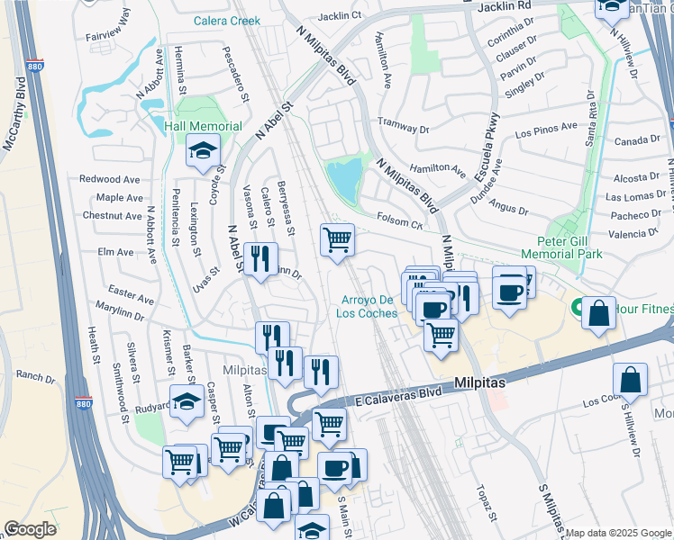 map of restaurants, bars, coffee shops, grocery stores, and more near 404 Railroad Court in Milpitas