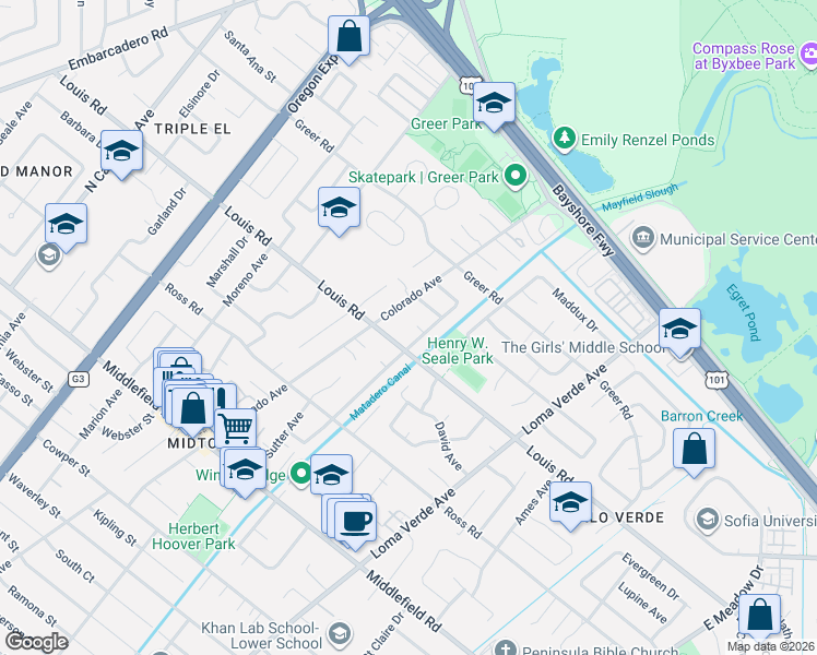 map of restaurants, bars, coffee shops, grocery stores, and more near 924 Colorado Avenue in Palo Alto