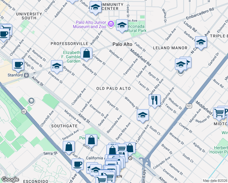 map of restaurants, bars, coffee shops, grocery stores, and more near 430 Tennyson Avenue in Palo Alto