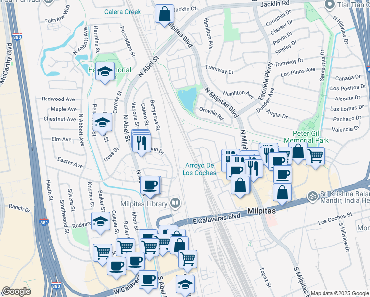map of restaurants, bars, coffee shops, grocery stores, and more near 386 Railroad Court in Milpitas