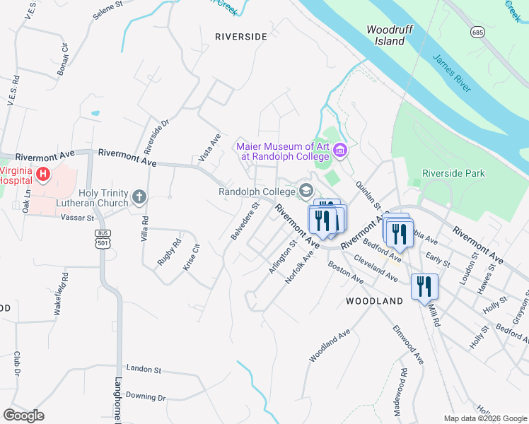 map of restaurants, bars, coffee shops, grocery stores, and more near 2809 Rivermont Avenue in Lynchburg
