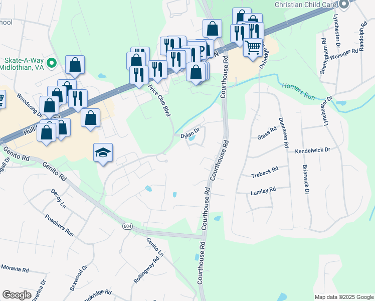map of restaurants, bars, coffee shops, grocery stores, and more near 4050 Anita Avenue in Midlothian