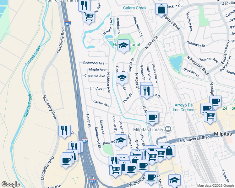 map of restaurants, bars, coffee shops, grocery stores, and more near 701 Penitencia Street in Milpitas