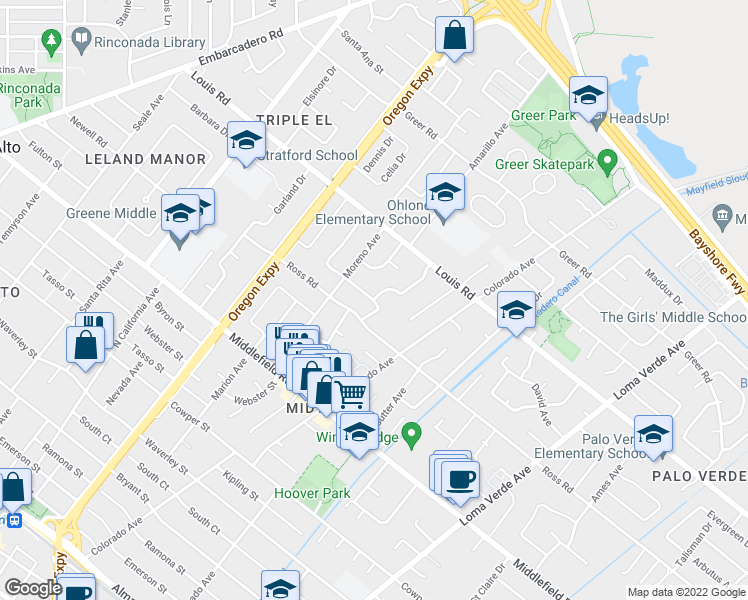 map of restaurants, bars, coffee shops, grocery stores, and more near Marshall Dr & Bruce Dr in Palo Alto