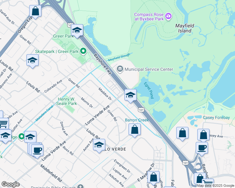 map of restaurants, bars, coffee shops, grocery stores, and more near 1156 Donner Lane in Palo Alto