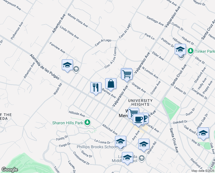 map of restaurants, bars, coffee shops, grocery stores, and more near 1970 Camino De Los Robles in Menlo Park