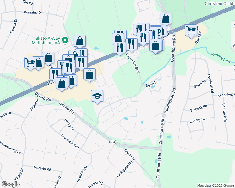 map of restaurants, bars, coffee shops, grocery stores, and more near 4006 Hailey Crescent Drive in Midlothian