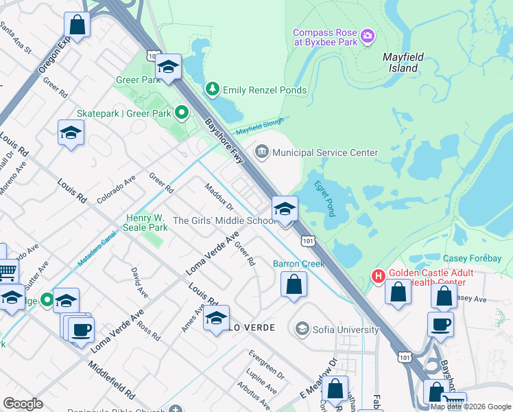 map of restaurants, bars, coffee shops, grocery stores, and more near 1156 Donner Lane in Palo Alto