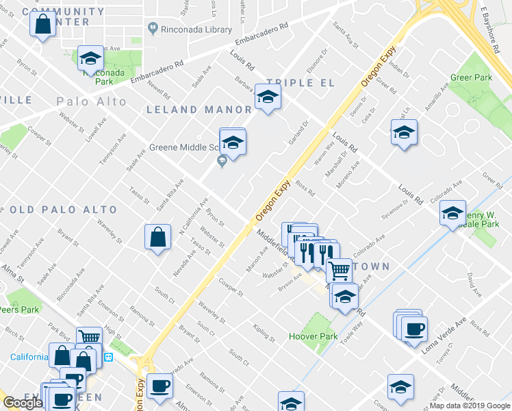 map of restaurants, bars, coffee shops, grocery stores, and more near 720 Garland Drive in Palo Alto