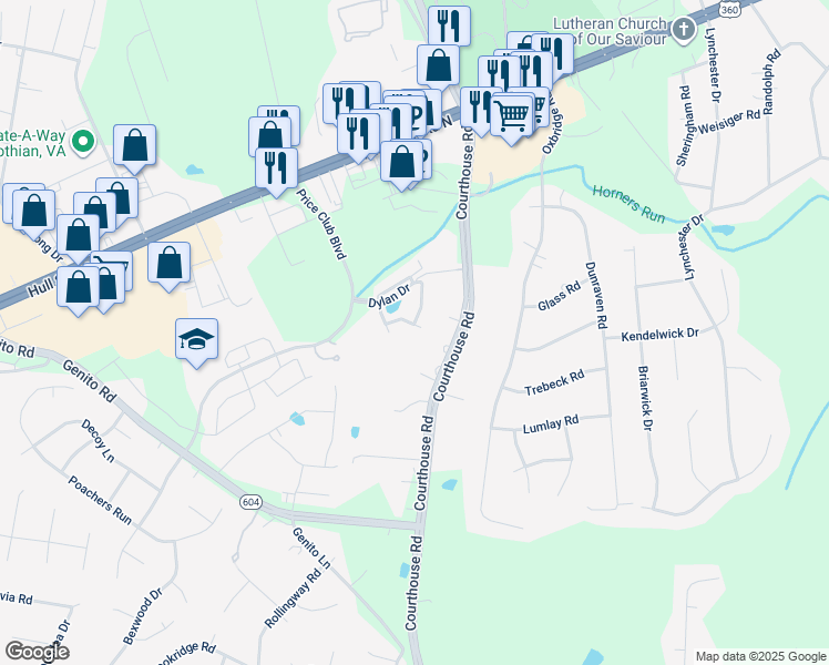 map of restaurants, bars, coffee shops, grocery stores, and more near 4077 Trisha Trail in Midlothian