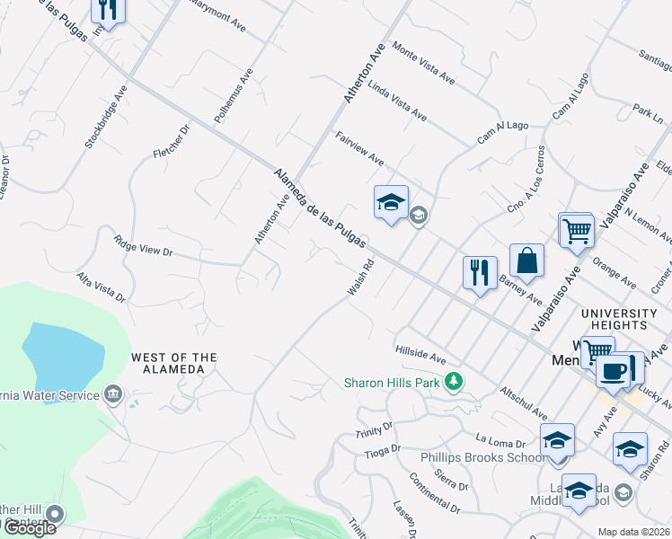 map of restaurants, bars, coffee shops, grocery stores, and more near 77 Broadacres Road in Atherton