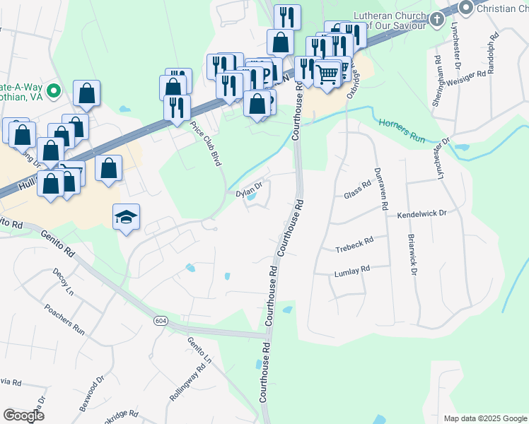map of restaurants, bars, coffee shops, grocery stores, and more near 4077 Trisha Trail in Midlothian